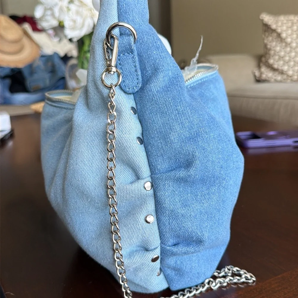 Nunoo Casual Denim Hobo Bag with Chain Strap - Blue
